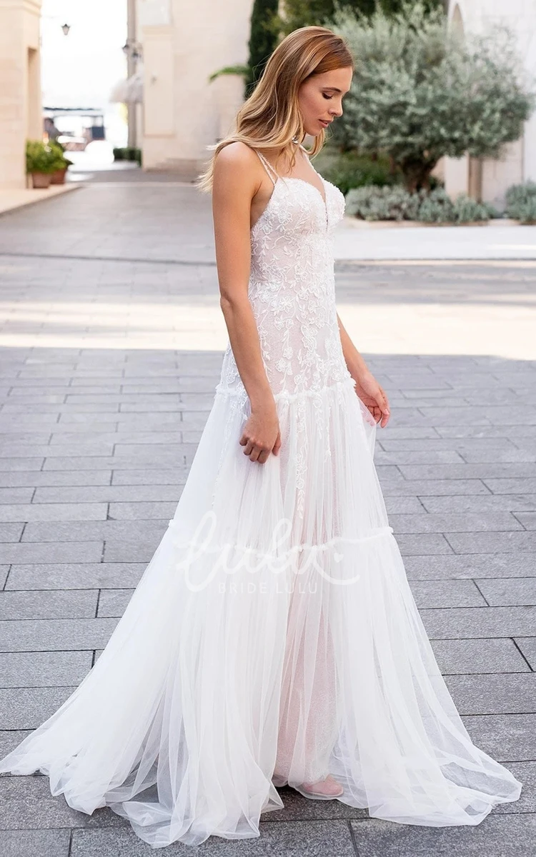 Tulle A Line Wedding Dress with Plunging Neckline & Appliques Highend & Modern