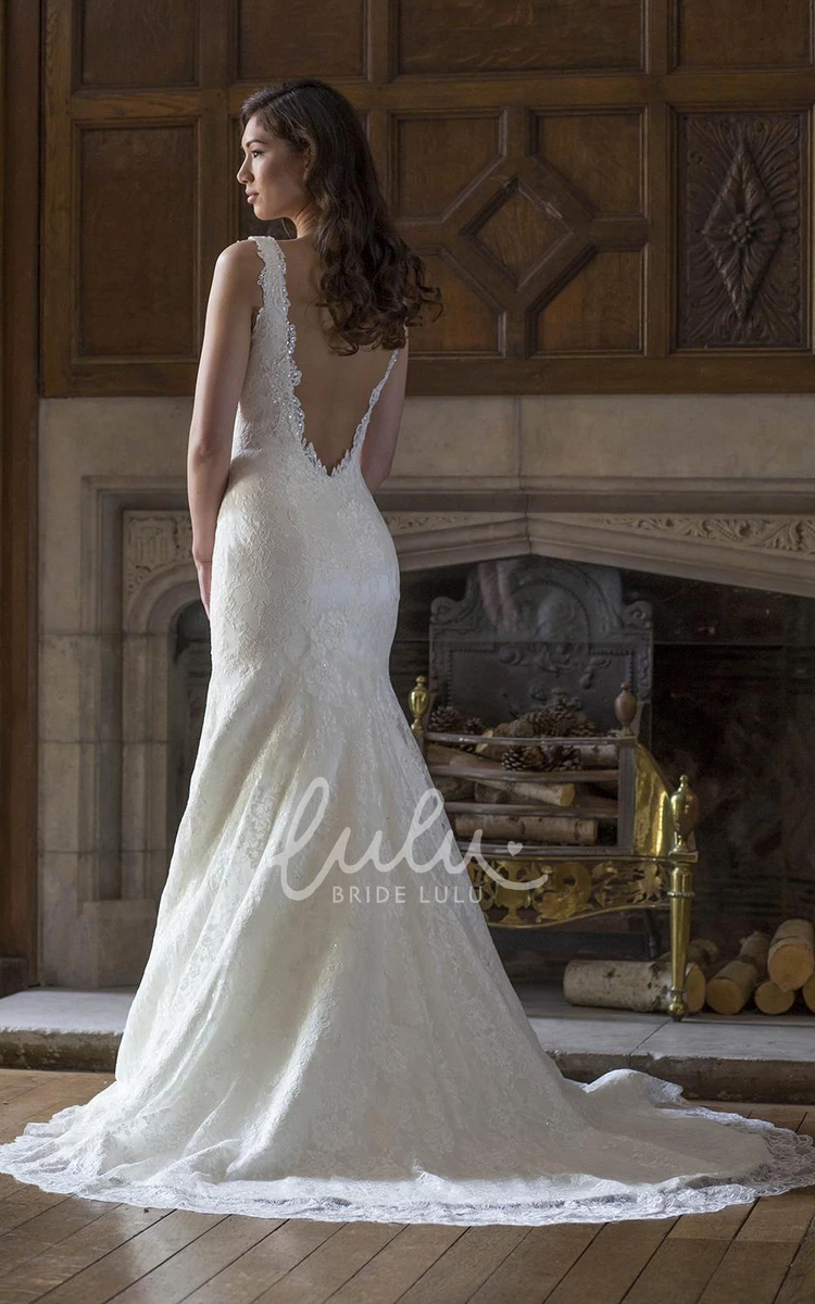 Sequined V-Neck Lace Long Wedding Dress Sleeveless Bridal Gown