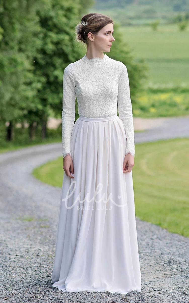 Lace Chiffon Long-Sleeve Wedding Dress with Jewel-Neck and Floor Length