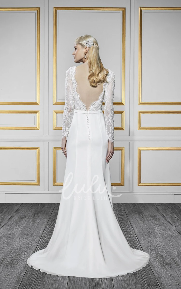 Chiffon Appliqued Long-Sleeve Bateau Wedding Dress with V Back and Sweep Train