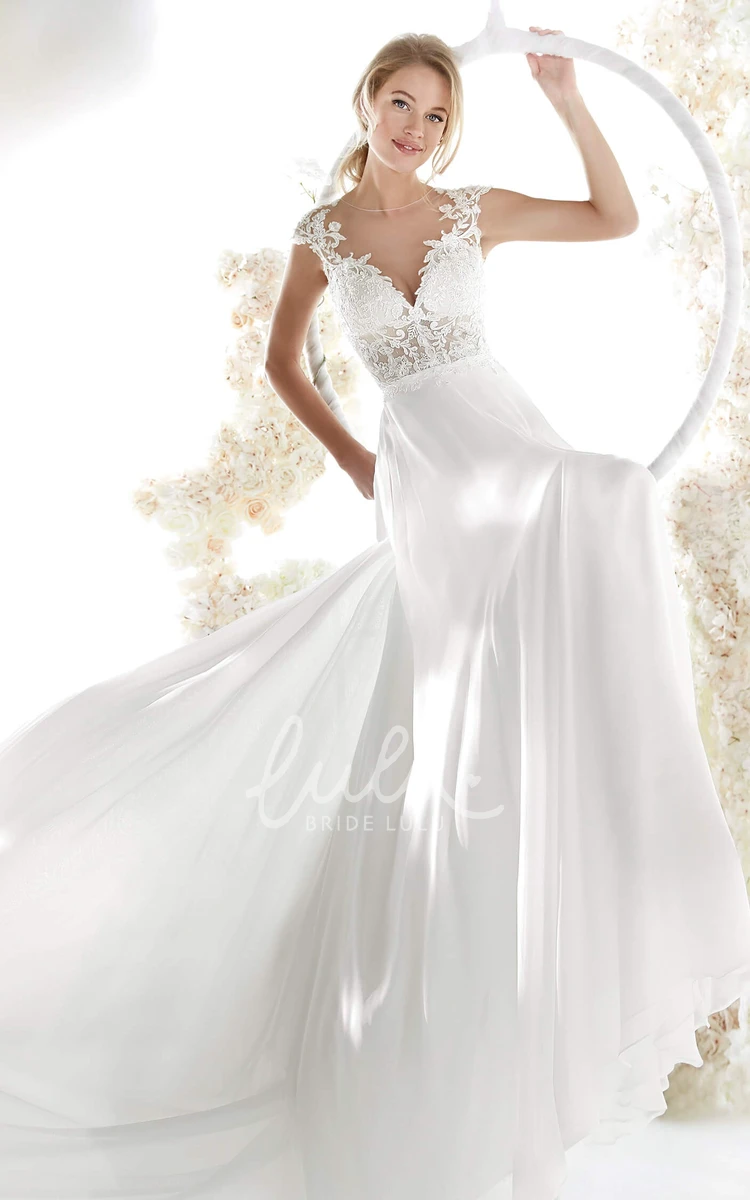 Elegant Cap Sleeve Lace Chiffon Wedding Dress with Illusion Neckline and Keyhole Back