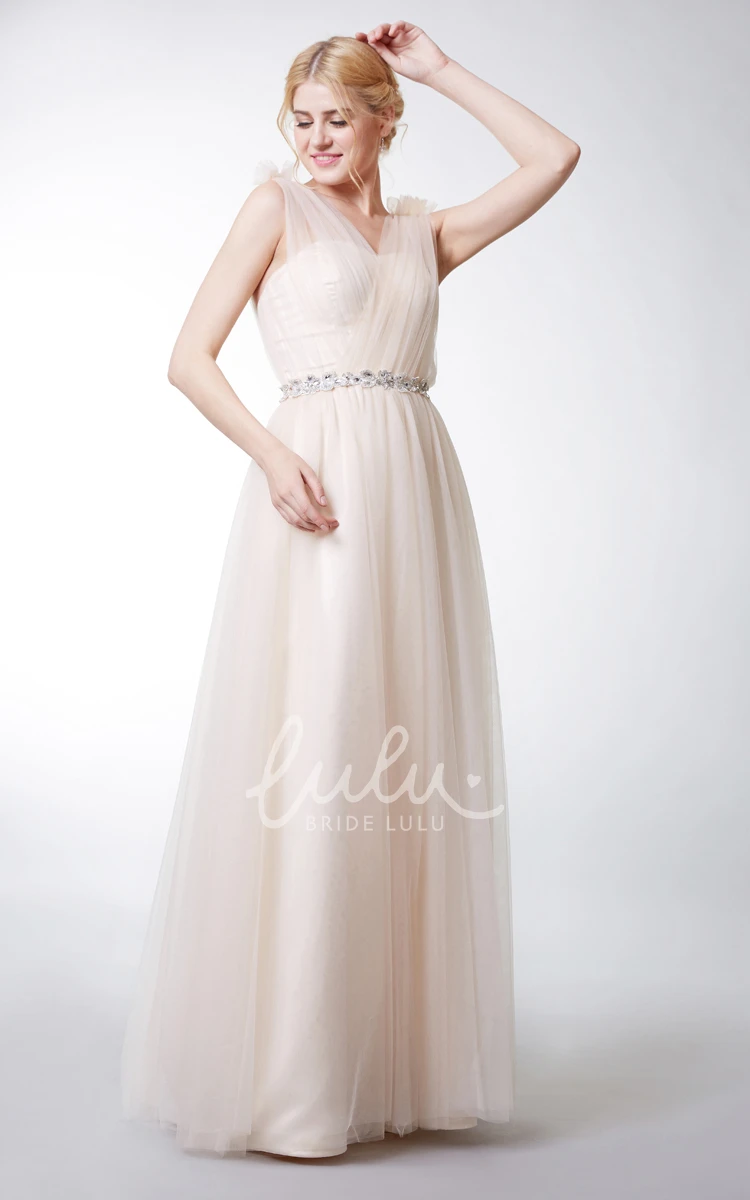 V-neck Tulle Bridesmaid Dress with Floral Straps and Ruching