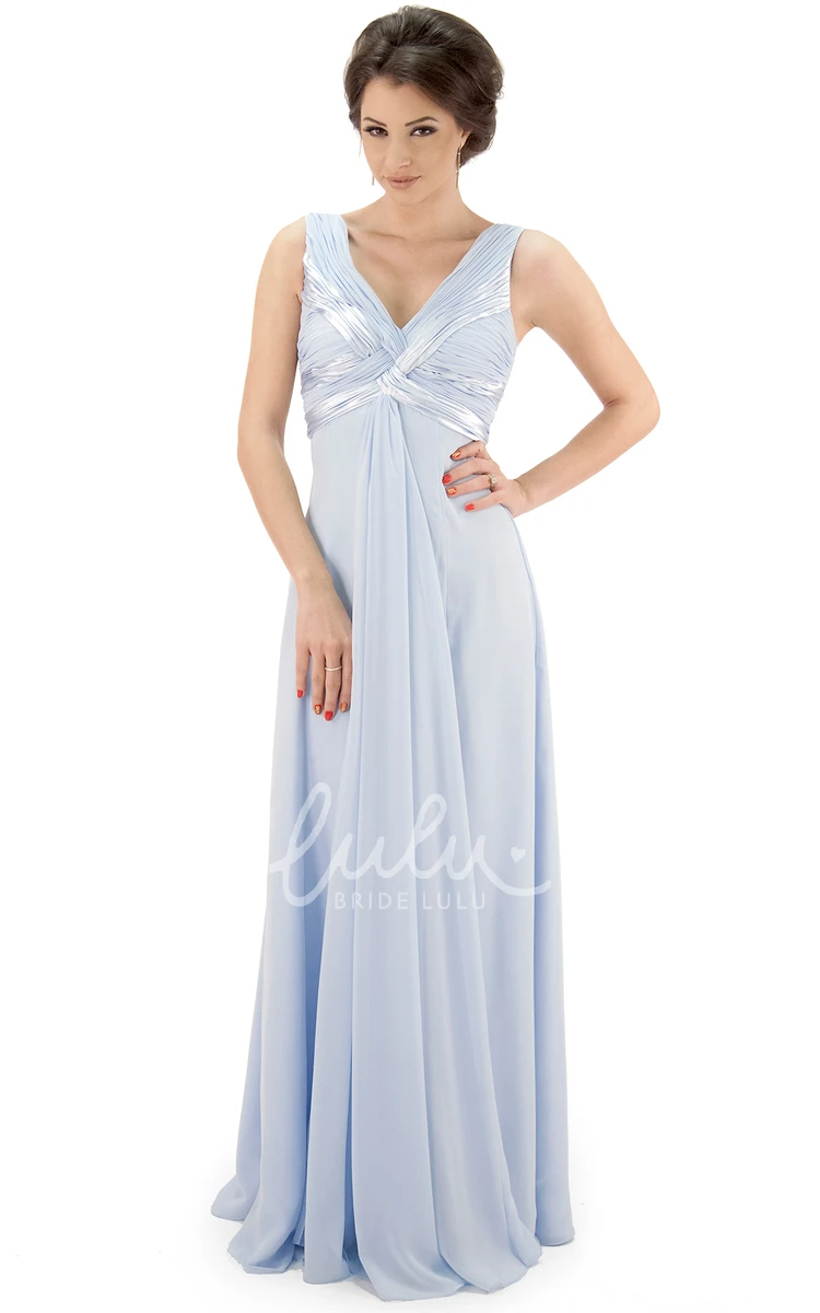 Maxi V-Neck Ruched Chiffon Bridesmaid Dress with Pleats and Illusion Unique Bridesmaid Dress