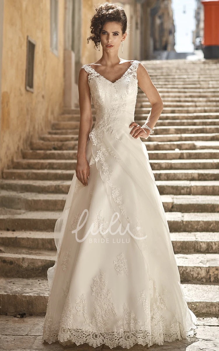 Satin&Lace A-Line Wedding Dress with V-Neck and Side Draping Modern Wedding Dress