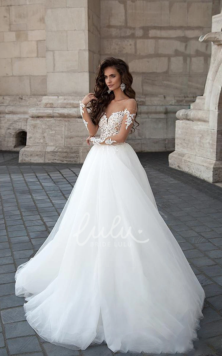 Jewel Neckline A-Line Lace Dress with Bell Sleeves Appliques Backless Design and Illusion Details