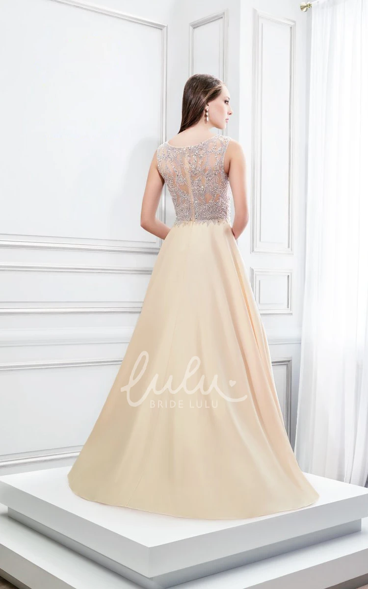 A-Line Satin Prom Dress with Beaded Illusion Back Sleeveless Scoop Neck