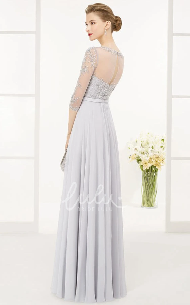 Beaded A-Line Chiffon Prom Dress Floor-Length Jewel Neck 3/4 Sleeves