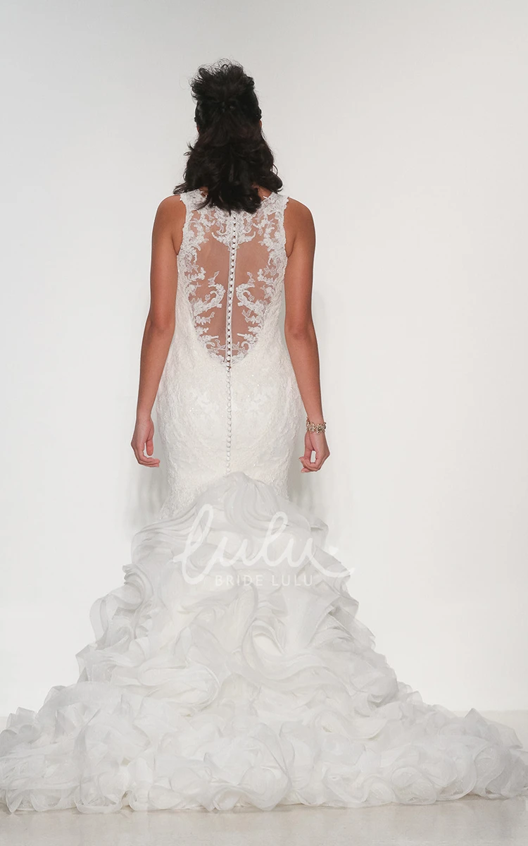 Sleeveless Jewel Lace Mermaid Wedding Dress with Illusion Back Floor-Length Appliqued Dress