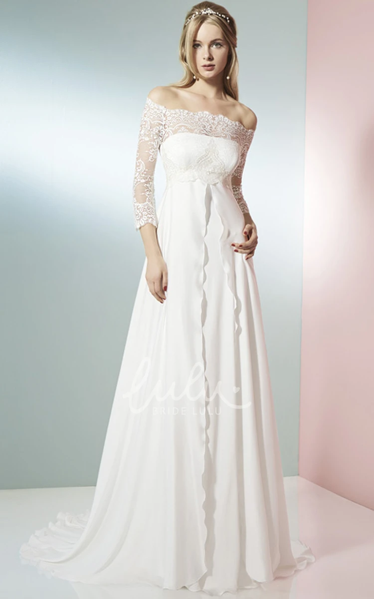 Off-The-Shoulder Lace Empire Chiffon Wedding Dress with 3/4 Sleeves A-Line Wedding Dress