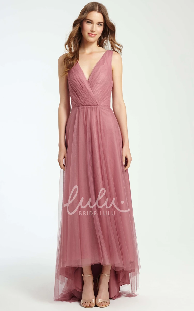 Sleeveless V-Neck Ruched Tulle Bridesmaid Dress High-Low Style