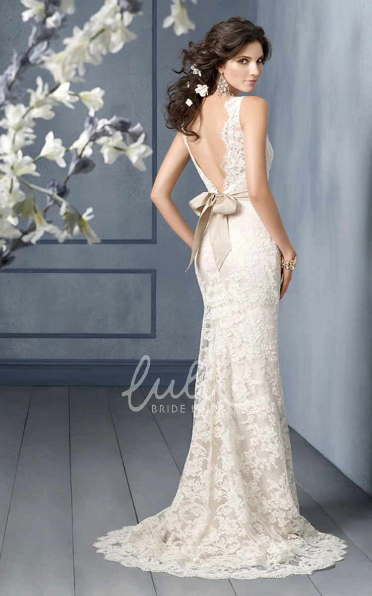 Floor Length Lace Dress with V Back and Bateau Neckline