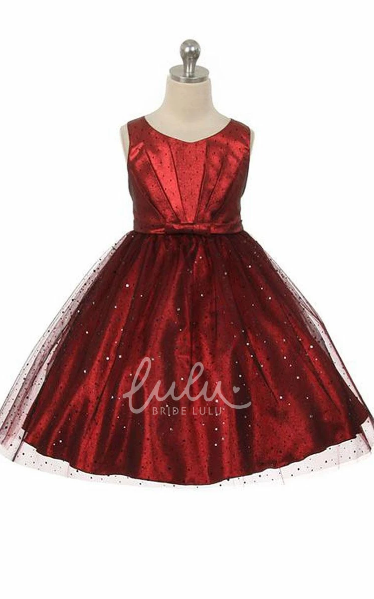 Pleated Tulle&Sequins Flower Girl Dress V-Neck Tea-Length Unique