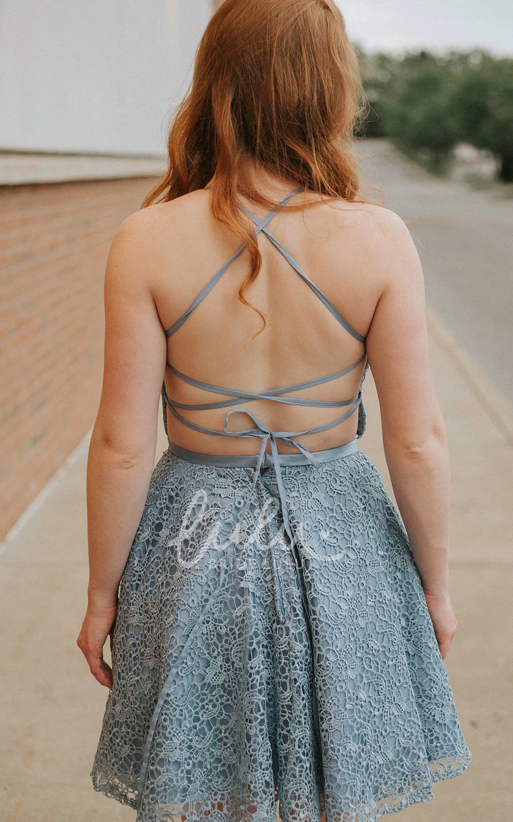 Lace Plunging A-Line Homecoming Dress with Open Back Casual Formal Dress