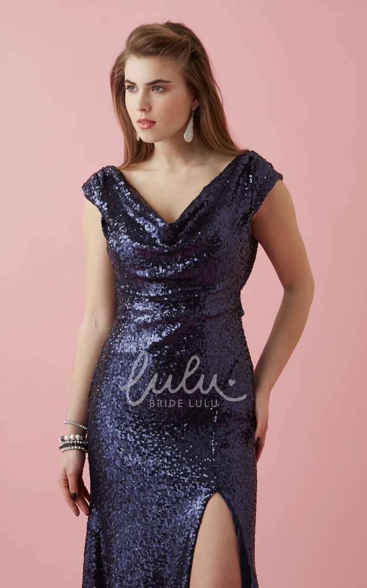 Sequin Sheath Long V-Neck Cap-Sleeve Prom Dress with Split Front