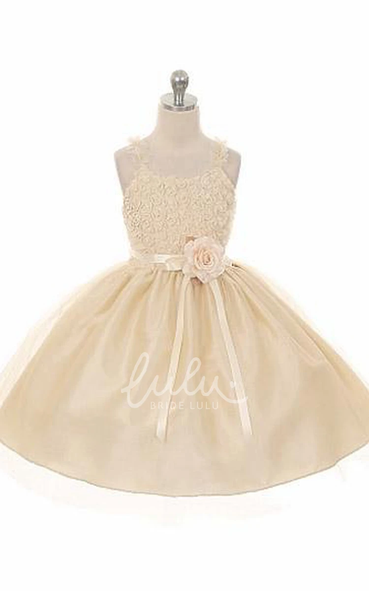 Tea-Length Tiered Tulle Flower Girl Dress With Embroidery Flowy Tea-Length Dress with Tulle and Embroidery