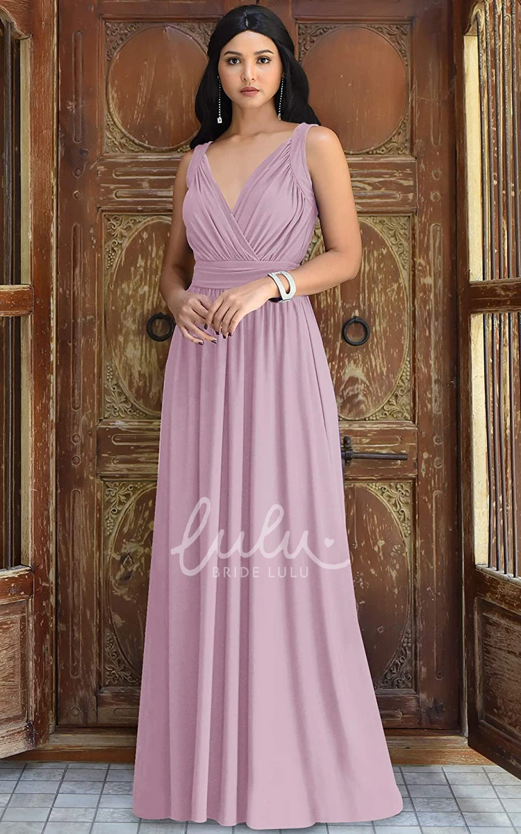 Chiffon V-neck A-line Bridesmaid Dress with Ruching Casual Floor-length