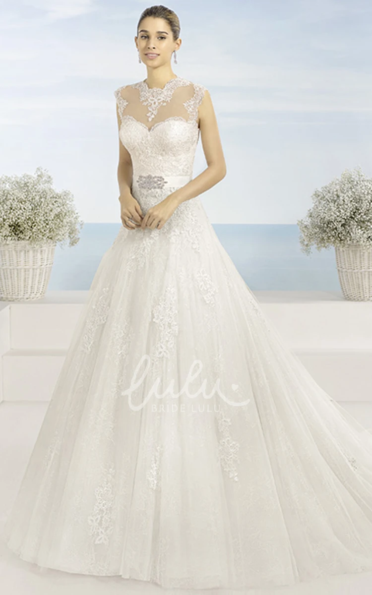 High Neck Appliqued Lace&Tulle Ball-Gown Wedding Dress Unique Bridal Gown