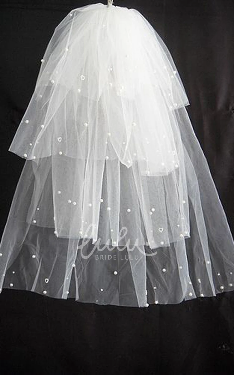 Pearl Beaded Elbow Wedding Veil Multi-Layered & Puffy