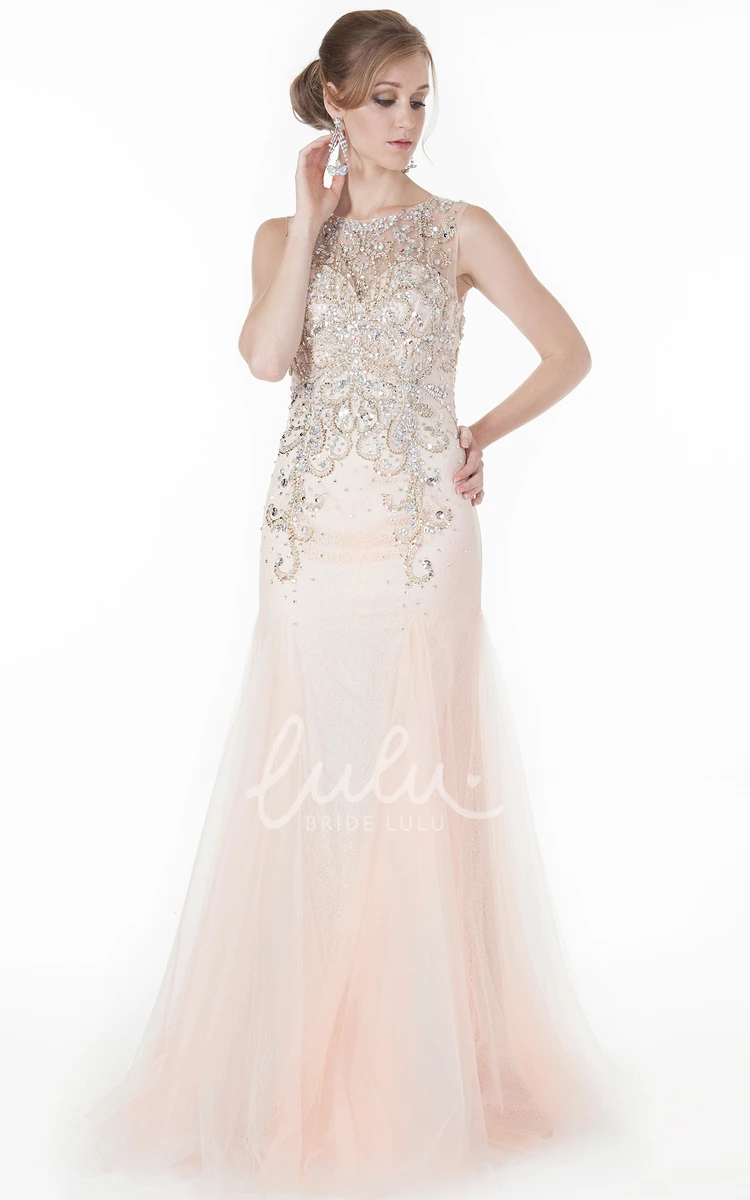 Jewel-Neck Beaded A-Line Tulle Prom Dress Floor-Length Sleeveless