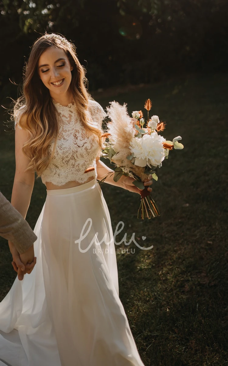 Bohemian Two-Piece Lace Jewel Garden Wedding Dress with Short Sleeves and Keyhole Back