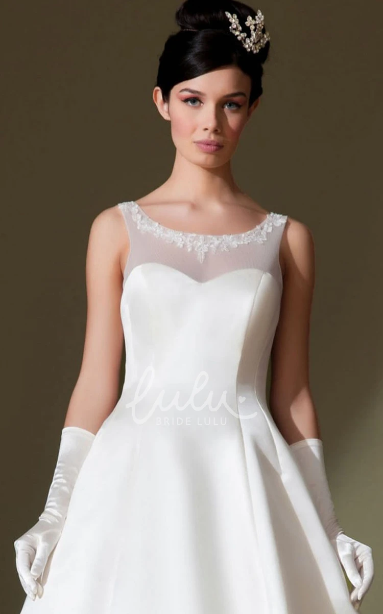 Sleeveless Satin Bateau Wedding Dress with Appliques and Low-V Back