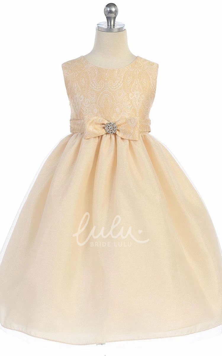 Bowed Tulle and Satin Tea-Length Flower Girl Dress with Tiered Skirt