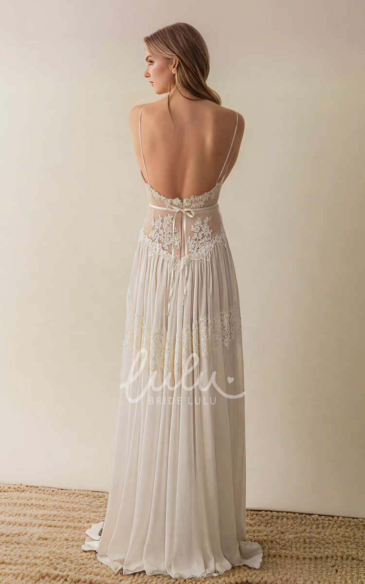 Boho A-Line Sexy Spaghetti V-neck Chiffon Lace Wedding Dress Elegant Floor-length Sleeveless Backless Bridal Gown with Sash