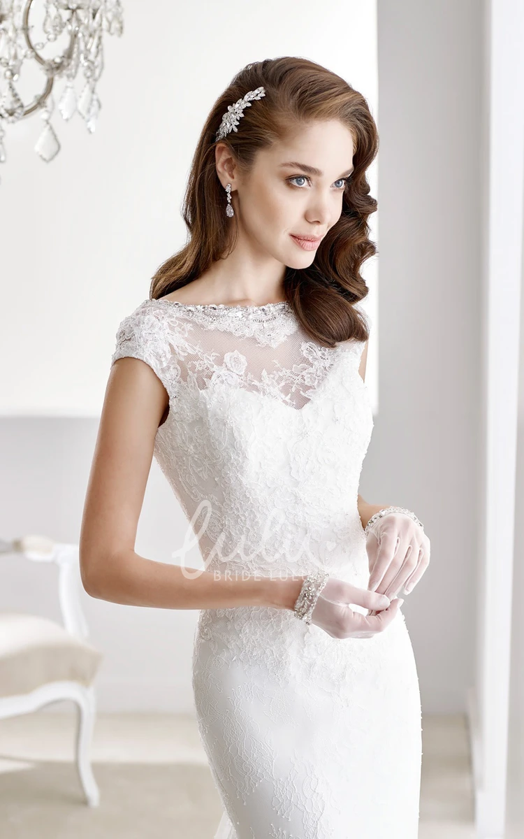 Pleated Lace Wedding Dress with Cap Sleeves and Low V-Back