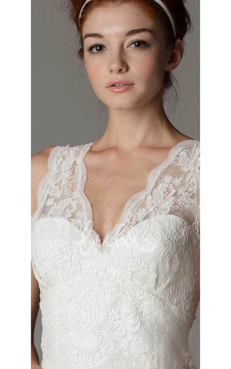 Short Sleeveless Lace Wedding Dress with V-Neckline