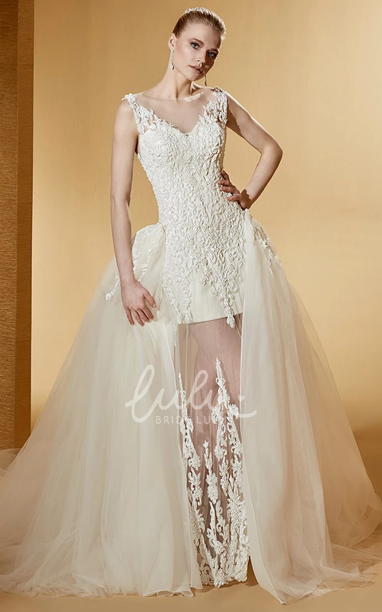 Unique Lace Bridal Gown with Cap Sleeves Side Ruffles and Illusive Design