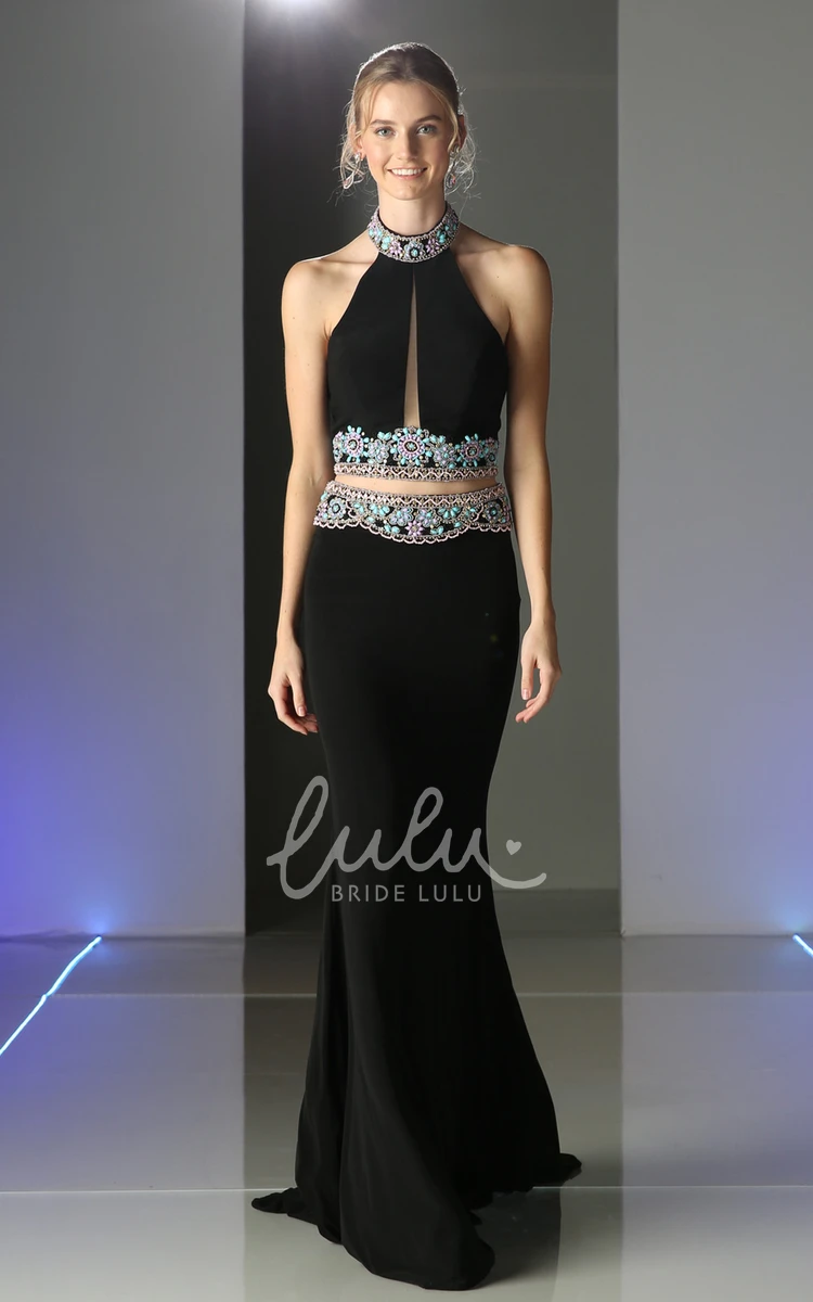 High Neck Sleeveless Jersey Two-Piece Formal Dress with Beading