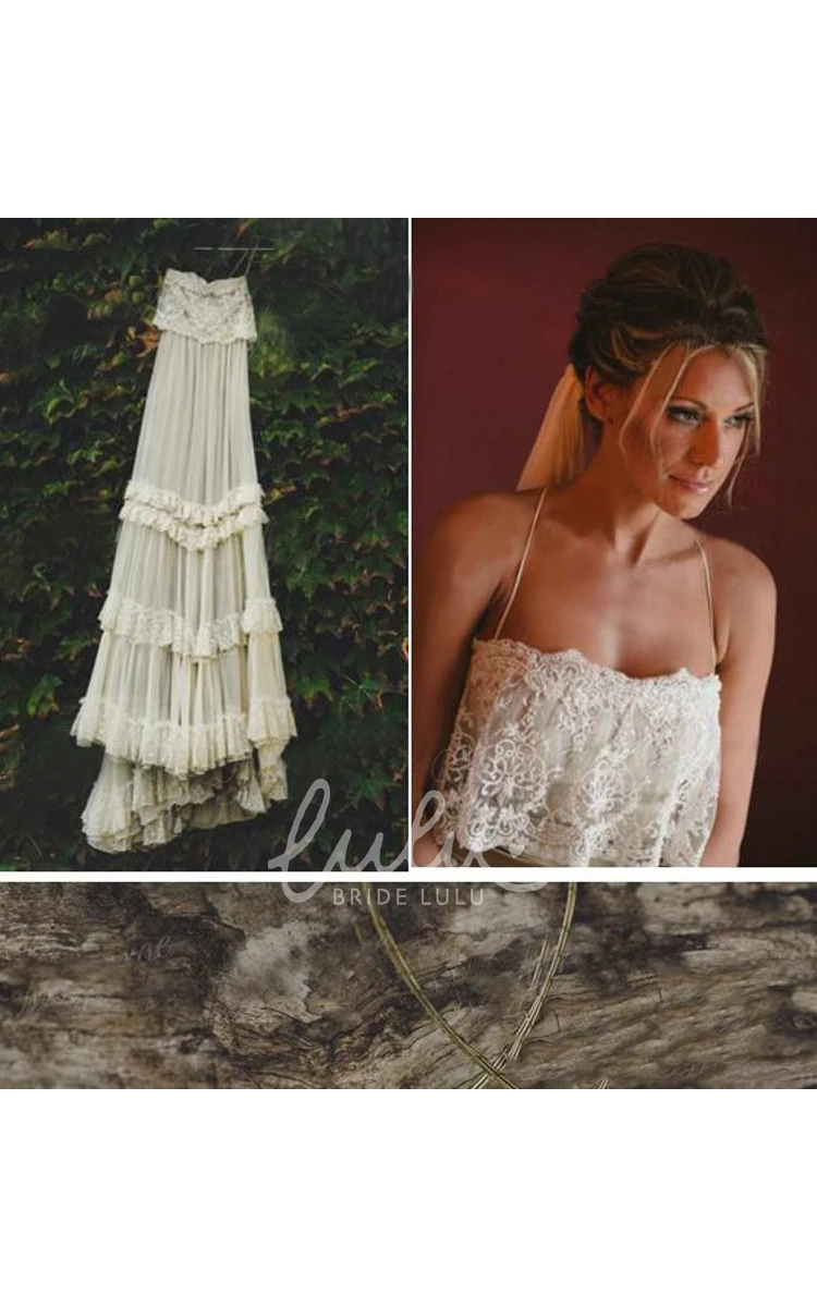 Spaghetti Straps Ethereal Destination Wedding Dress with Cross Back and Tiered Court Train