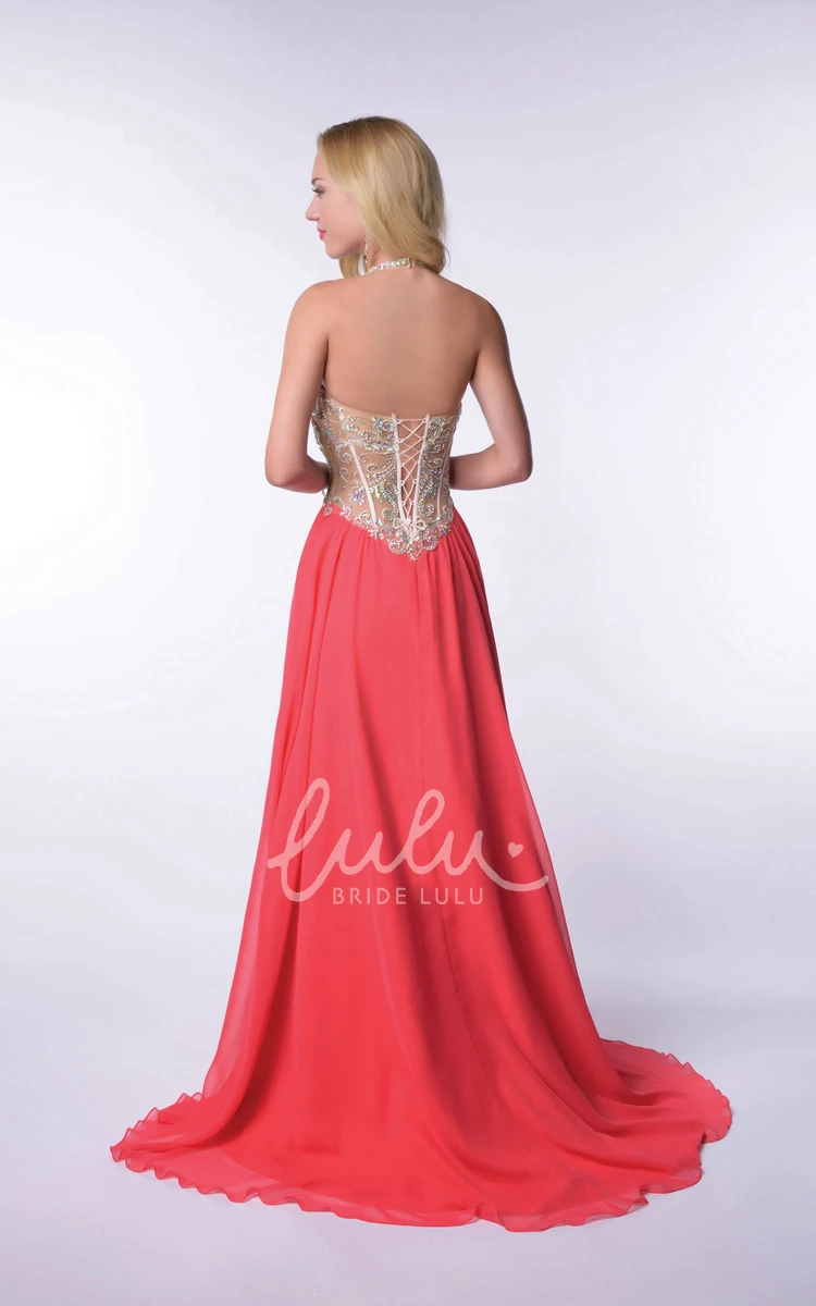 Halter V-Neck Chiffon Long Homecoming Dress with Lace-Up Back Classy Beach Dress