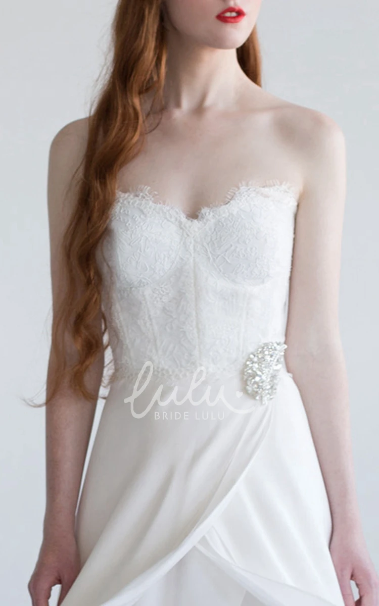 High-Low Chiffon Wedding Dress with Lace and Broach A-Line Sleeveless