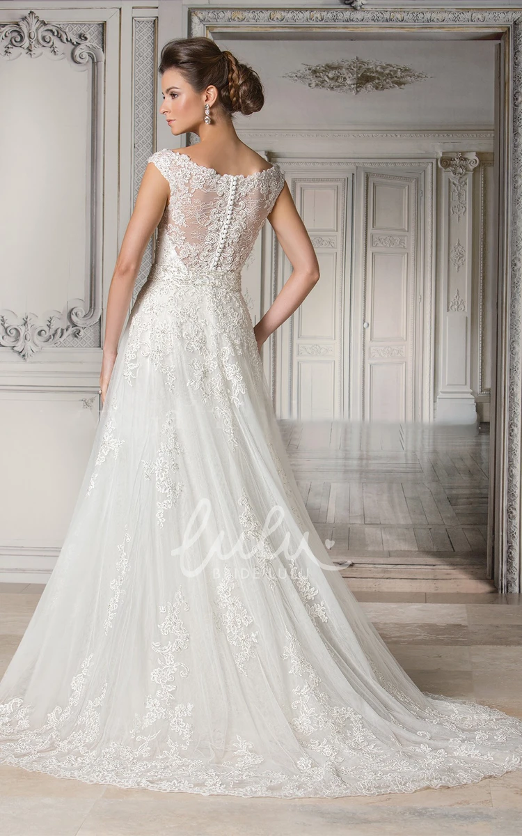 A-Line Gown with Appliques and Illusion Back Cap-Sleeved V-Neck Bridal Dress