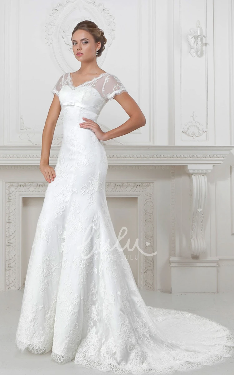 V-Neck Lace and Satin Trumpet Wedding Dress with Waist Jewelry