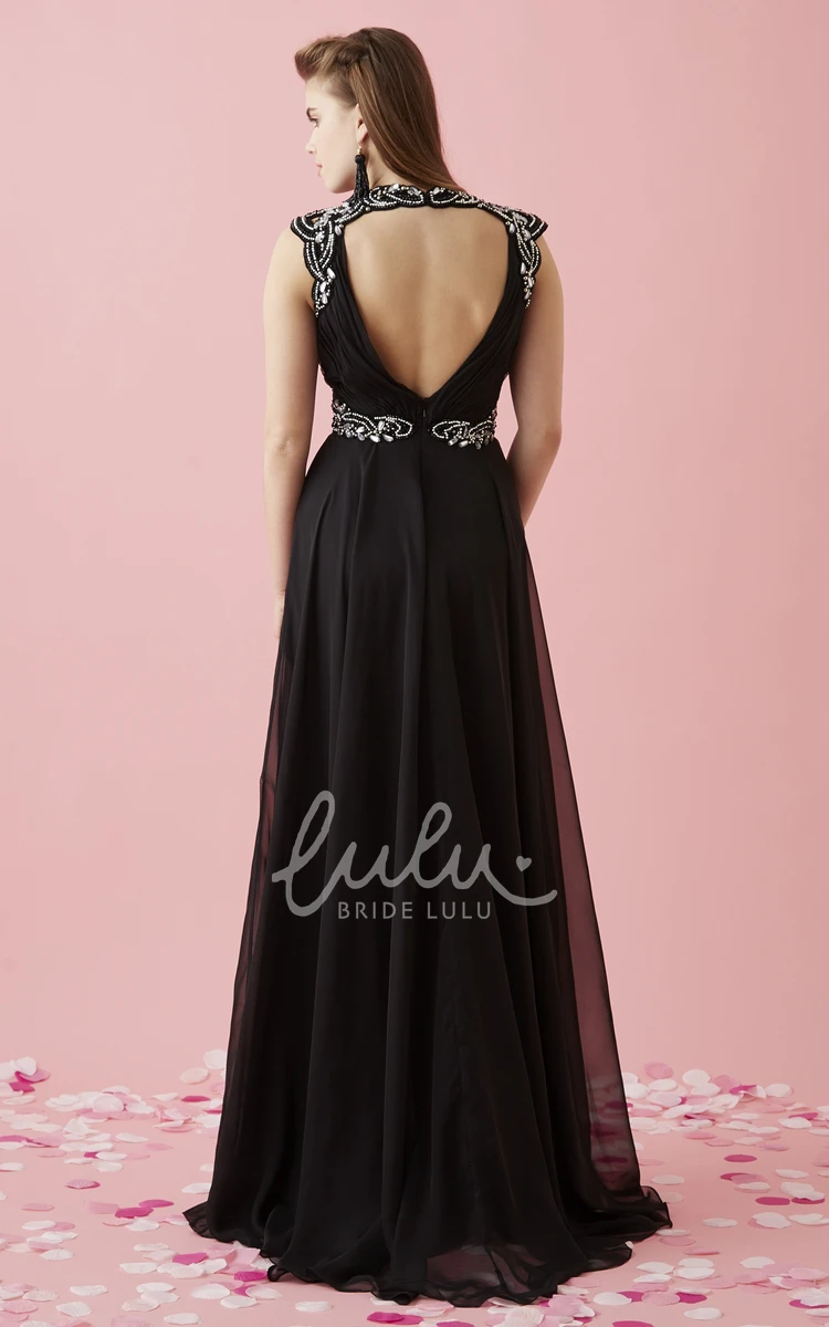 Chiffon V-Neck Cap-Sleeve Formal Dress with Beading and Waist Jewelry