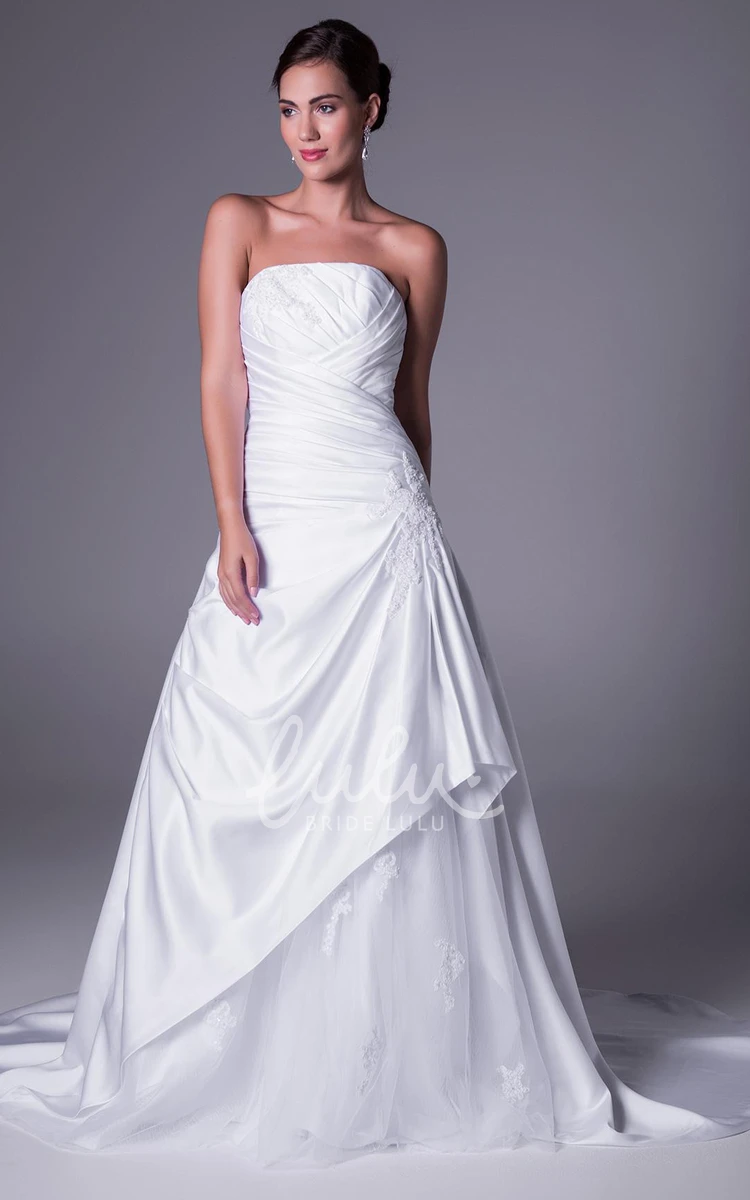 Satin A-Line Wedding Dress with Side Draping Appliques and Strapless Design