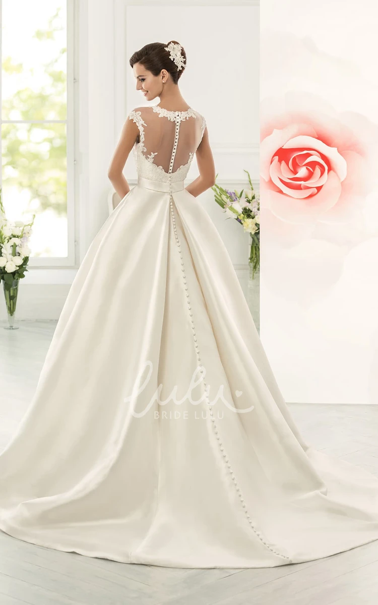 Satin A-line Wedding Dress with Lace Bodice and Cap Sleeves