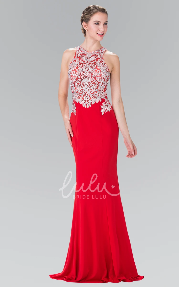 Sleeveless Sheath Jersey Illusion Dress with Beading and Appliques Elegant Formal Dress