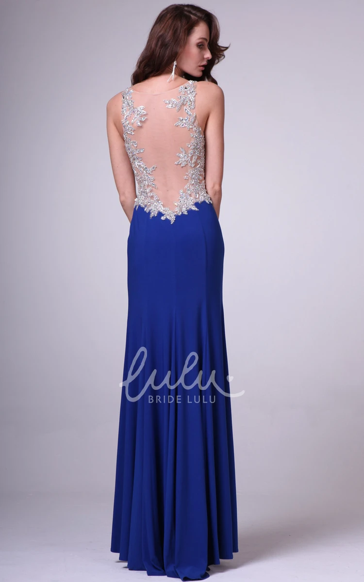 Split Front Sleeveless Sheath Jersey Dress with Illusion Straps and Beading