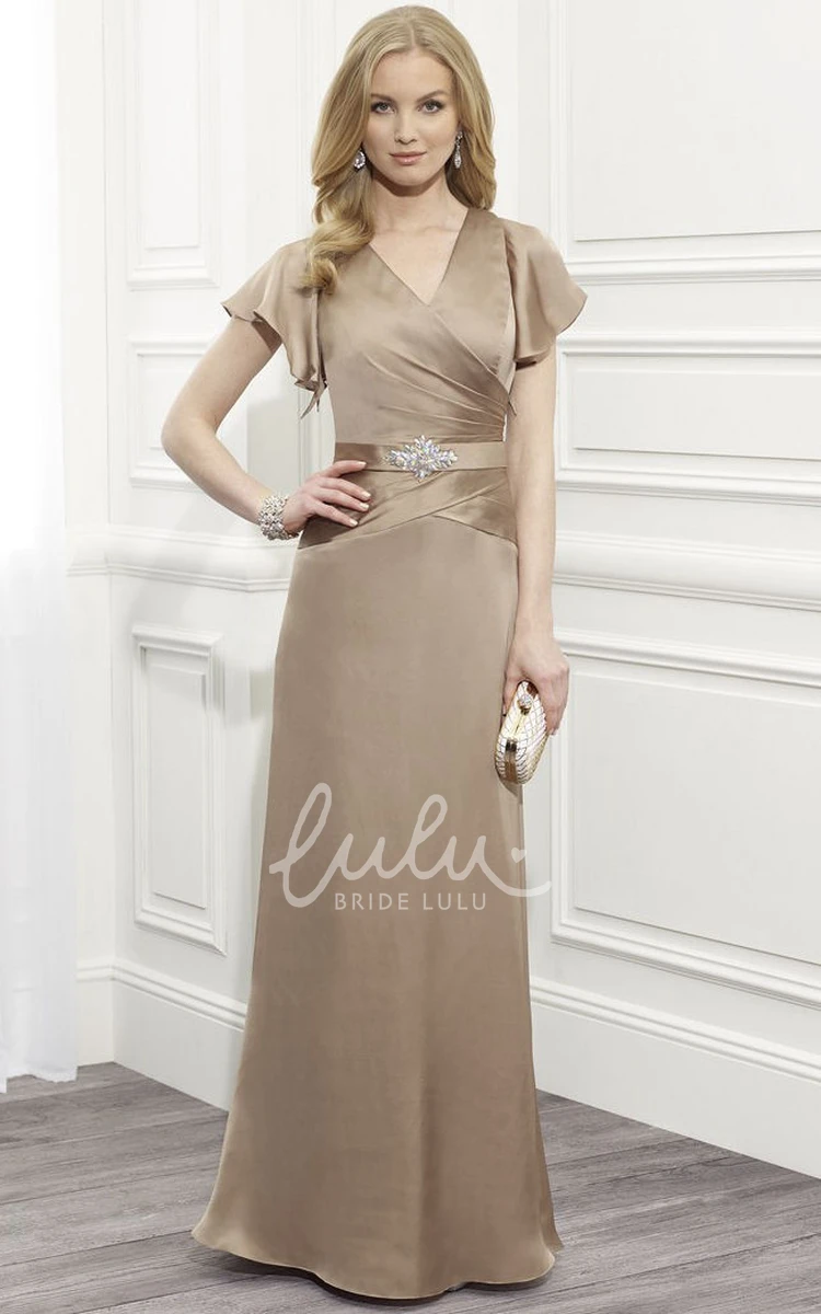 Jeweled Satin Mother Of The Bride Dress Cap Sleeve V-Neck