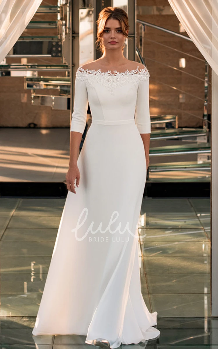 Minimalist Simple Off-the-Shoulder Satin Wedding Dress Modest Casual Sheath 3/4 Length Gown with Sweep Train