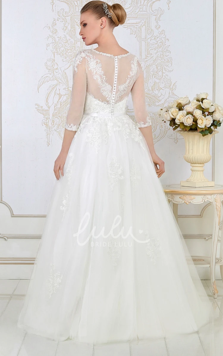 Illusion A-Line Wedding Dress V-Neck Tulle & Lace with 3-4 Sleeves