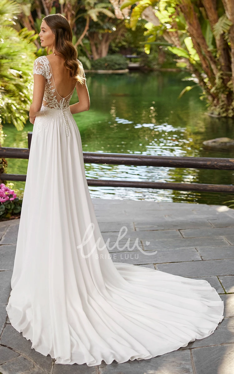 Bohemian A-Line Chiffon Open Back Wedding Dress Casual & Western Bridal Gown Bateau Neckline
