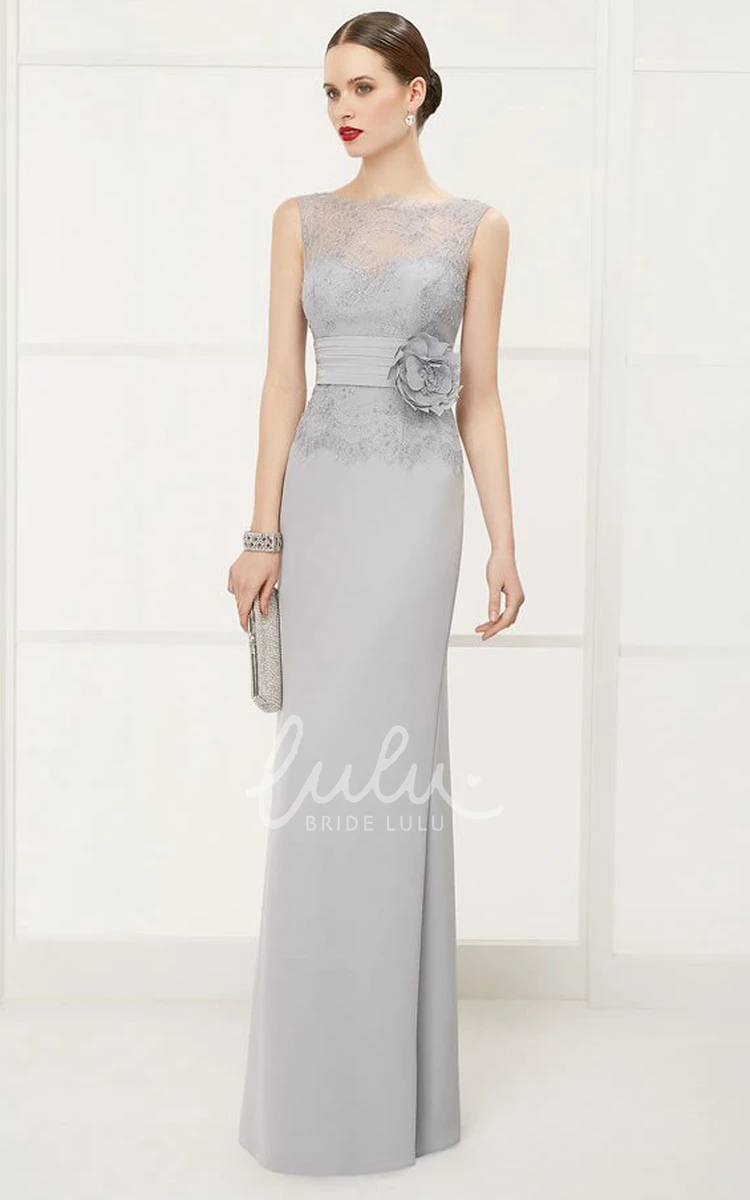 Sheath Long Dress with Lace Top and Waist Flower Illusion Bateau Sleeveless Elegant Women's Dress