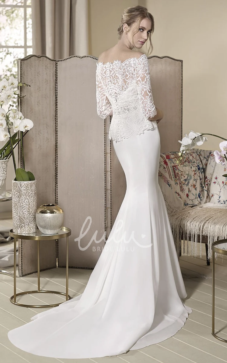 Off-The-Shoulder Peplum Wedding Dress with Half-Sleeves and Lace