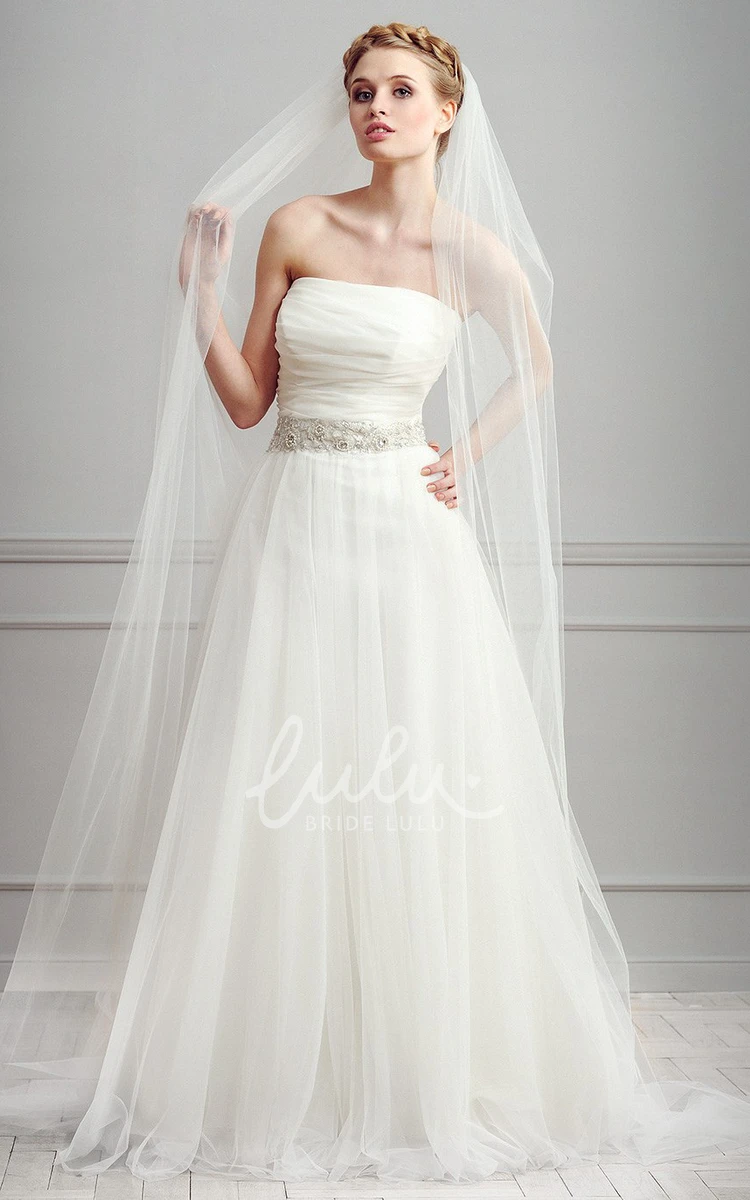 Ruched Tulle Strapless Wedding Dress with Waist Jewelry A-Line Sleeveless