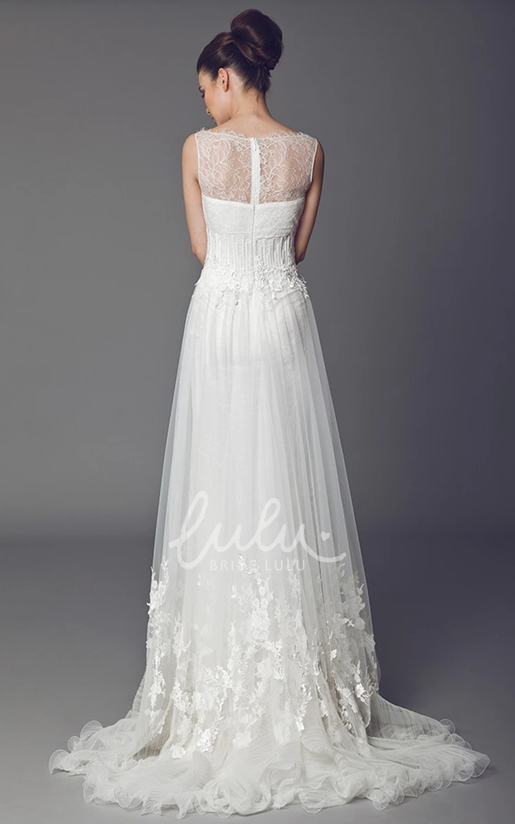 Bateau Tulle Wedding Dress with Lace & Ruffles A-Line Sleeveless Floor-Length