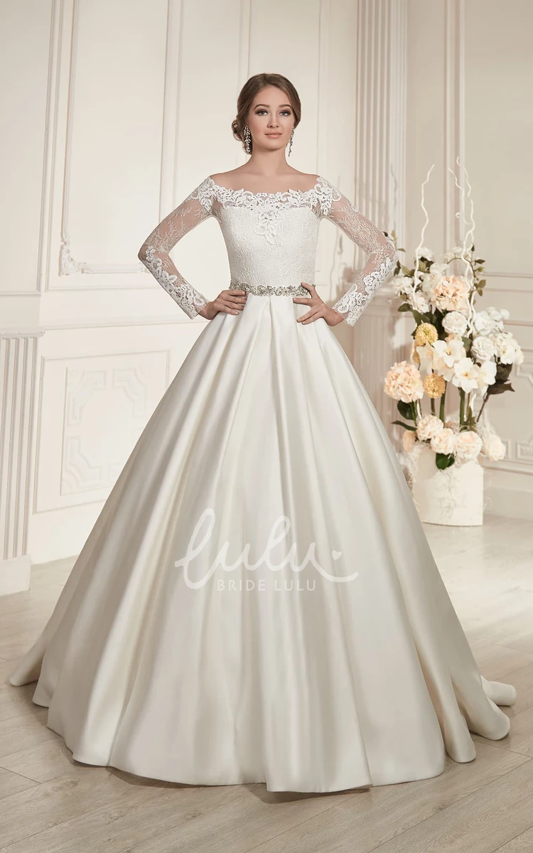 Illusion-Sleeve Satin Wedding Dress with Beading and Pleats